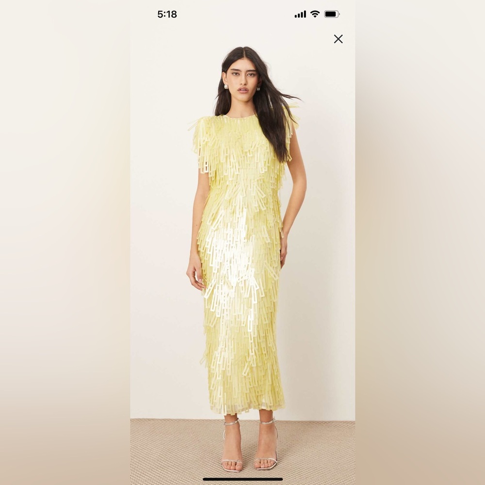 ARRANGE geo sequin shoulder pad midi dress in lemon.